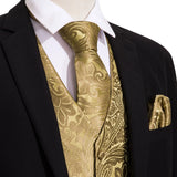 Mens Extra Silk Vest Party Wedding Gold Paisley Solid Floral Waistcoat Vest Pocket Square Tie Suit Set