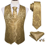 Joior 4PC Mens Extra Silk Vest Party Wedding Gold Paisley Solid Floral Waistcoat Vest Pocket Square Tie Suit Set