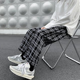 Joior Men Casual Pants Plaid Ankle Length Loose Wide Leg All-match Elastic Waist Fashion Trousers Streetwear Harajuku Korean Retro Ins