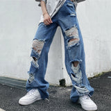 Joior New ladies beggar ripped jeans ins street fashion trendy drag pants high waist slimming plus size loose straight trousers