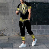 2000s fashion New Men's Short-Sleeved Trousers Suit 3D Digital Personality Ethnic Style Printed Fashion Casual Tights