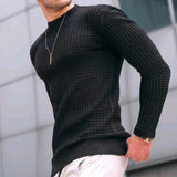 Autumn Small Plaid Men's Trendy round Neck Pullover Trendy Loose Knitted Long Sleeve Cotton T Top Men