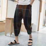 Joior men fashion Summer Men's plus Size Loose Plaid Pants Cotton and Linen Cropped Pants Bloomers Straight Casual Pants Men