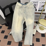 leapord halloween outfit Washed Yellow Mud Jeans Casual Student Men's Pants Spring and Autumn Retro Loose Distressed Pants