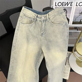 leapord halloween outfit Washed Yellow Mud Jeans Casual Student Men's Pants Spring and Autumn Retro Loose Distressed Pants