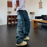 Joior boy outfits 2024 New Fashion Loose Multi-Pocket Washed Casual Distressed Jeans Ins Wide Leg Mopping Pants for Men