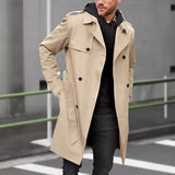 Autumn and Winter Men's Fashion Solid Color Trench Coat Lapel Double-Breasted Lace-up Casual Jacket