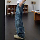 boy outfits 2024 New Fashion Loose Multi-Pocket Washed Casual Distressed Jeans Ins Wide Leg Mopping Pants for Men