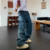 boy outfits 2024 New Fashion Loose Multi-Pocket Washed Casual Distressed Jeans Ins Wide Leg Mopping Pants for Men