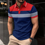 Men's Casual Polo Shirt V-neck Button Business Striped T-shirt Top