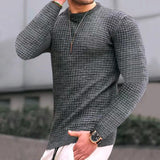 Autumn Small Plaid Men's Trendy round Neck Pullover Trendy Loose Knitted Long Sleeve Cotton T Top Men