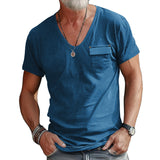 Summer Fashion Men's Slim-Fit U-Neck T-shirt Casual Solid Color Henley Shirt Short Sleeve Men