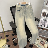 leapord halloween outfit Washed Yellow Mud Jeans Casual Student Men's Pants Spring and Autumn Retro Loose Distressed Pants