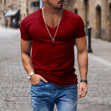 Men's T-shirt Summer Men's V-neck Solid Color Slim Thin Casual T-shirt Short Sleeve Top