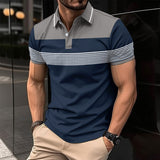 Men's Casual Polo Shirt V-neck Button Business Striped T-shirt Top