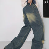 90s fashion men American Retro Distressed Jeans Men's and Women's Hip Hop Ripped Washed Loose Casual Mopping Trousers