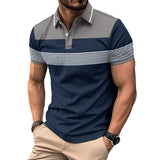 Men's Casual Polo Shirt V-neck Button Business Striped T-shirt Top