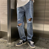 outfit Ripped Jeans Men's Trendy Loose Straight Pants Scraping Cropped Online Popular Korean Style Versatile Student Summer Pants