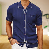 frat boy outfit Men's Summer New Cardigan Sweater Single-Breasted Short-Sleeved Business Polo Shirt