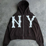 mens hoodies American-Style Simple Loose Casual Zipper Hoodie Letter Patch Cardigan Sweater