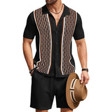 frat boy outfit Men's Cool Silk Jacquard Two-Piece Sweater Casual Polo Shirt Suit