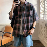 black men streetwear Same Plaid Shirt Men's Long Sleeve Spring and Autumn Loose Retro Trendy Lazy Style Korean Style Ruan Handsome Inner Short Sleeve Shirt