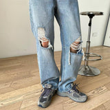 hipster Summer Thin Elastic Waist Ripped Jeans Men's Straight Loose Casual Pants Oversize Pants