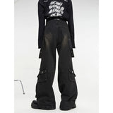 fashion outfits Multi-Pocket Retro Hong Kong Style Distressed Jeans Loose Wide Leg Mopping Slimming Wide Leg American Hip Hop Trousers