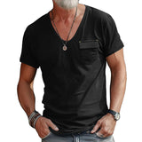 Summer Fashion Men's Slim-Fit U-Neck T-shirt Casual Solid Color Henley Shirt Short Sleeve Men