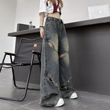 fashion outfits INS Trendy Metal Buckle Stitching Autumn Hollow Ripped Jeans Distressed Loose Pants for Men and Women