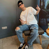 outfit Ripped Jeans Men's Trendy Loose Straight Pants Scraping Cropped Online Popular Korean Style Versatile Student Summer Pants