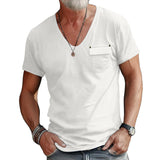 Summer Fashion Men's Slim-Fit U-Neck T-shirt Casual Solid Color Henley Shirt Short Sleeve Men