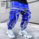 Joior Spring Fashion Printed Cashew Flower Harem Pants Men's Loose High Street Trousers Men's Multi-Bag Overalls Men