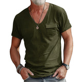 Summer Fashion Men's Slim-Fit U-Neck T-shirt Casual Solid Color Henley Shirt Short Sleeve Men