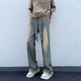 grunge dti Frayed Jeans Men's Summer Washed Distressed Loose Wide Leg Straight Mop Pants American Vibe Pants