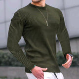 Autumn Small Plaid Men's Trendy round Neck Pullover Trendy Loose Knitted Long Sleeve Cotton T Top Men