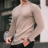 Autumn Small Plaid Men's Trendy round Neck Pullover Trendy Loose Knitted Long Sleeve Cotton T Top Men