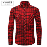 fall outfits men Spring and Summer Slim-Fit Red Brushed Plaid High-Grade Long-Sleeved Double-Pocket Flannel Shirt for Men