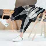 men fashion Summer Men's plus Size Loose Plaid Pants Cotton and Linen Cropped Pants Bloomers Straight Casual Pants Men