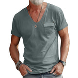 Summer Fashion Men's Slim-Fit U-Neck T-shirt Casual Solid Color Henley Shirt Short Sleeve Men