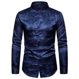 Joior Dark Blue Silk Mens Shirts Long Sleeve Jacquard Shirt For Men Stand Collar Casual Stylish Wedding Party Office Slim Fit Tops