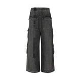 Joior RO Style Ribbons Wide Leg Multi-Pockets Smoke Grey Baggy Jeans for Men Straight Pantalones Hombre Drawstring Denim Trousers