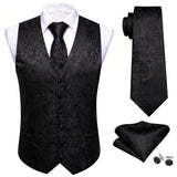 Joior 4PC Mens Extra Silk Vest Party Wedding Gold Paisley Solid Floral Waistcoat Vest Pocket Square Tie Suit Set