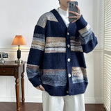 Joior Striped Cardigan Men Chic Baggy Slouchy V-neck Japanese Style Harajuku Vintage High Street Knitting Sweaters All-match Autumn