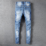 Joior Men's Rhinestone Crystal Patchwork Light Blue Ripped Jeans Slim Fit Skinny Stretch Denim Pants