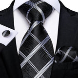 Joior Black Plaid Ties For Men 8cm Width Silk Mens Business Wedding Neck Tie Set Pocket Square Cufflinks Gravatas Homens Cravatta