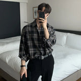 Joior Cotton Long Sleeve Shirt Men Fashion Retro Khaki Black Plaid Shirts Mens Korean Loose Oversized Casual Shirt Men M-2XL