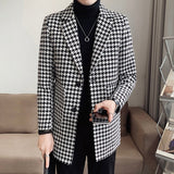 Joior Houndstooth Lapel Mid-Length Men Windbreaker Coat Winter Suit Collar Fashion Print Casual Overcoat Jacket Streetwear Social Coat