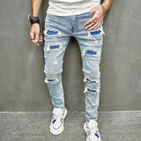 Men Holes Casual Skinny Jeans Pants Streetwear Male Stylish Ripped Solid Hip Hop Slim Denim Trousers