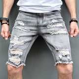 Joior New Men Summer Streetwear Slim fit Ripped Denim Shorts Stylish Holes Solid Casual Straight Jeans Male Five-point Pants